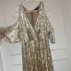 Champagne Crushed Velvet Open Shoulder Dress
